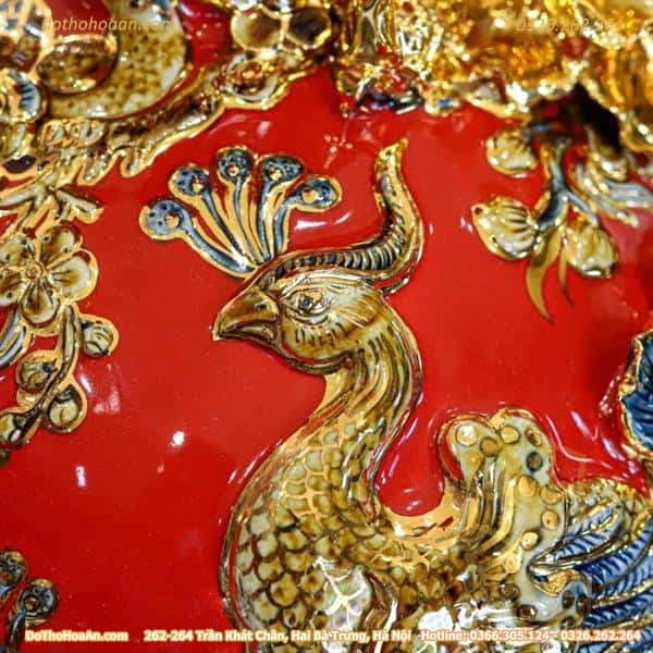 Bình Hút Lộc Công Đào Men Đỏ Đắp Nổi Vẽ Vàng 24K H304 Bình Hút Lộc Công Đào Men Đỏ Đắp Nổi Vẽ Vàng 24K H304