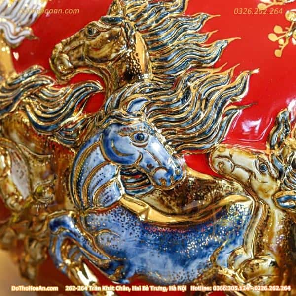 Bình Hút Lộc Mã Đáo Thành Công Men Đỏ Đắp Nổi Vẽ Vàng 24K H201