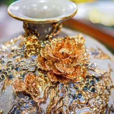 Bình Hút Lộc Thuận Buồm Xuôi Gió Men Rạn Đắp Nổi Vẽ Vàng 24K H283