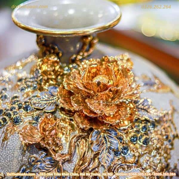 Bình Hút Lộc Thuận Buồm Xuôi Gió Men Rạn Đắp Nổi Vẽ Vàng 24K H283