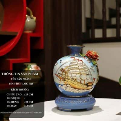 Bình Hút Lộc Thuận Buồm XuôI Gió Men Xanh Dương Đắp Nổi Vẽ Vàng 24K H25