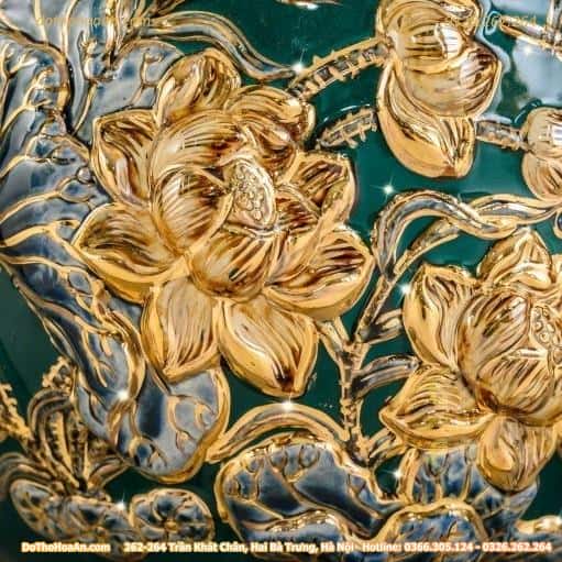 Bình Hút Lộc Thuận Buồm Xuôi Gió Men Xanh Lá Đắp Nổi Vẽ Vàng 24K H28 M11 Bình Hút Lộc Thuận Buồm Xuôi Gió Men Xanh Lá Đắp Nổi Vẽ Vàng 24K H28 M11