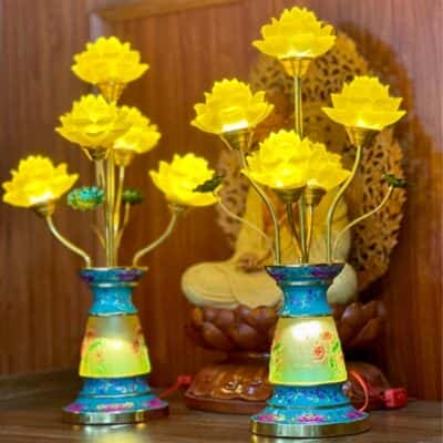 Đèn Thờ Hoa Sen 5 Bông Lưu Ly Gấm Xanh1