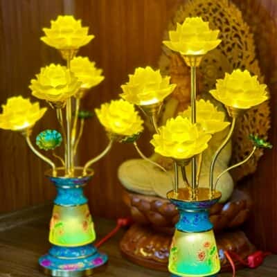 Đèn Thờ Hoa Sen 5 Bông Lưu Ly Gấm Xanh2