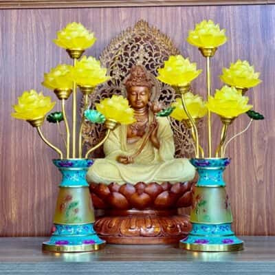 Đèn Thờ Hoa Sen 5 Bông Lưu Ly Gấm Xanh3