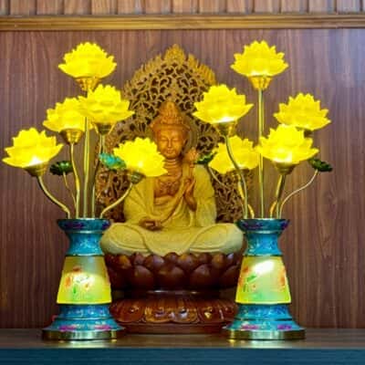 Đèn Thờ Hoa Sen 5 Bông Lưu Ly Gấm Xanh4