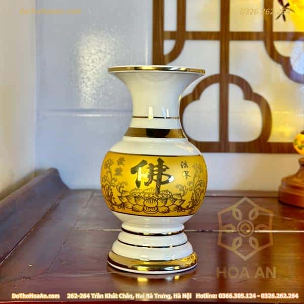 Lọ Hoa Sứ Bát Nhã Chữ Phật Tâm Kinh Vàng Đài Loan