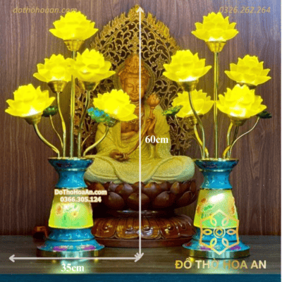 Đèn Thờ Hoa Sen 5 Bông Lưu Ly Gấm Xanh