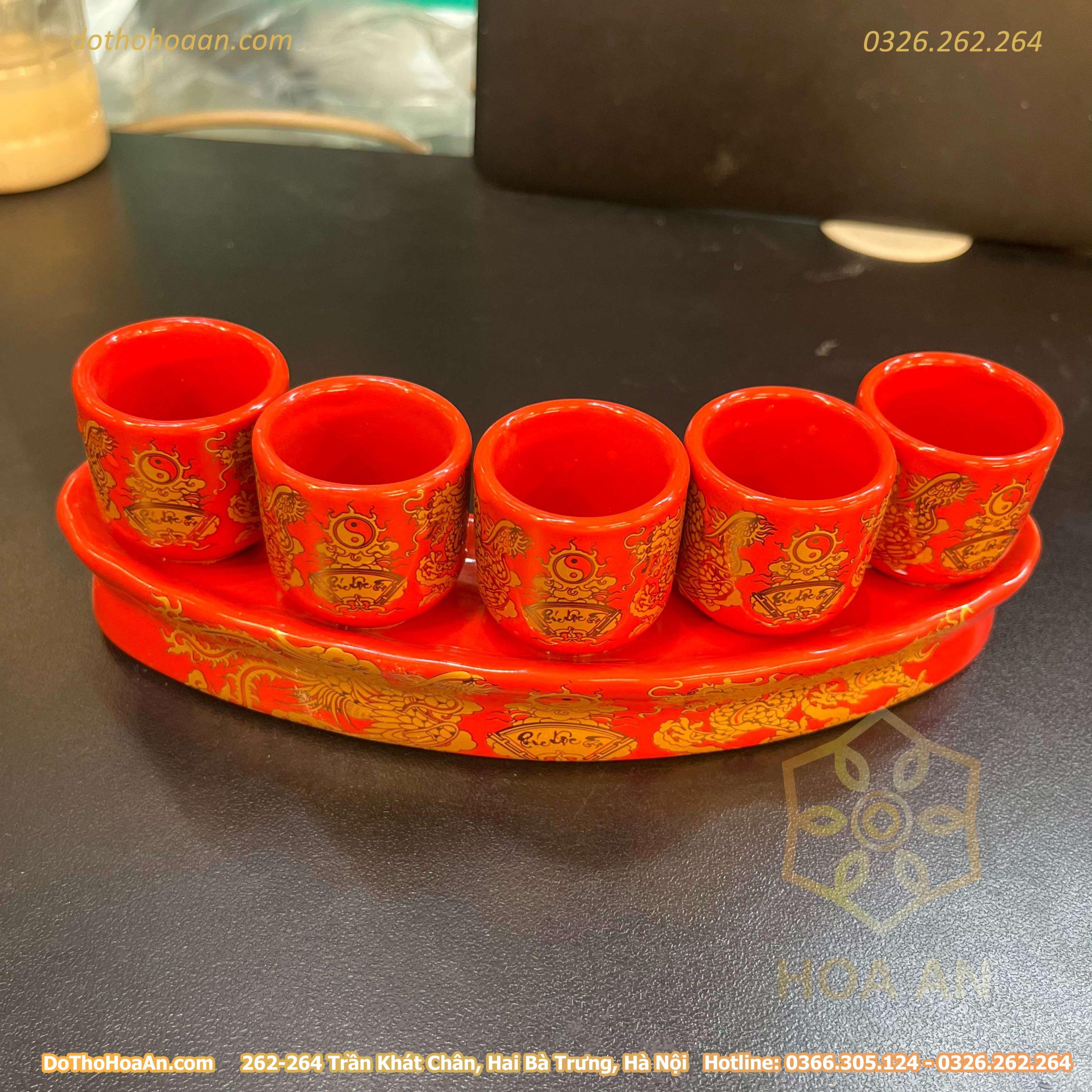 Kỷ Khay 5 Chén Sứ Men Đỏ Bát Tràng