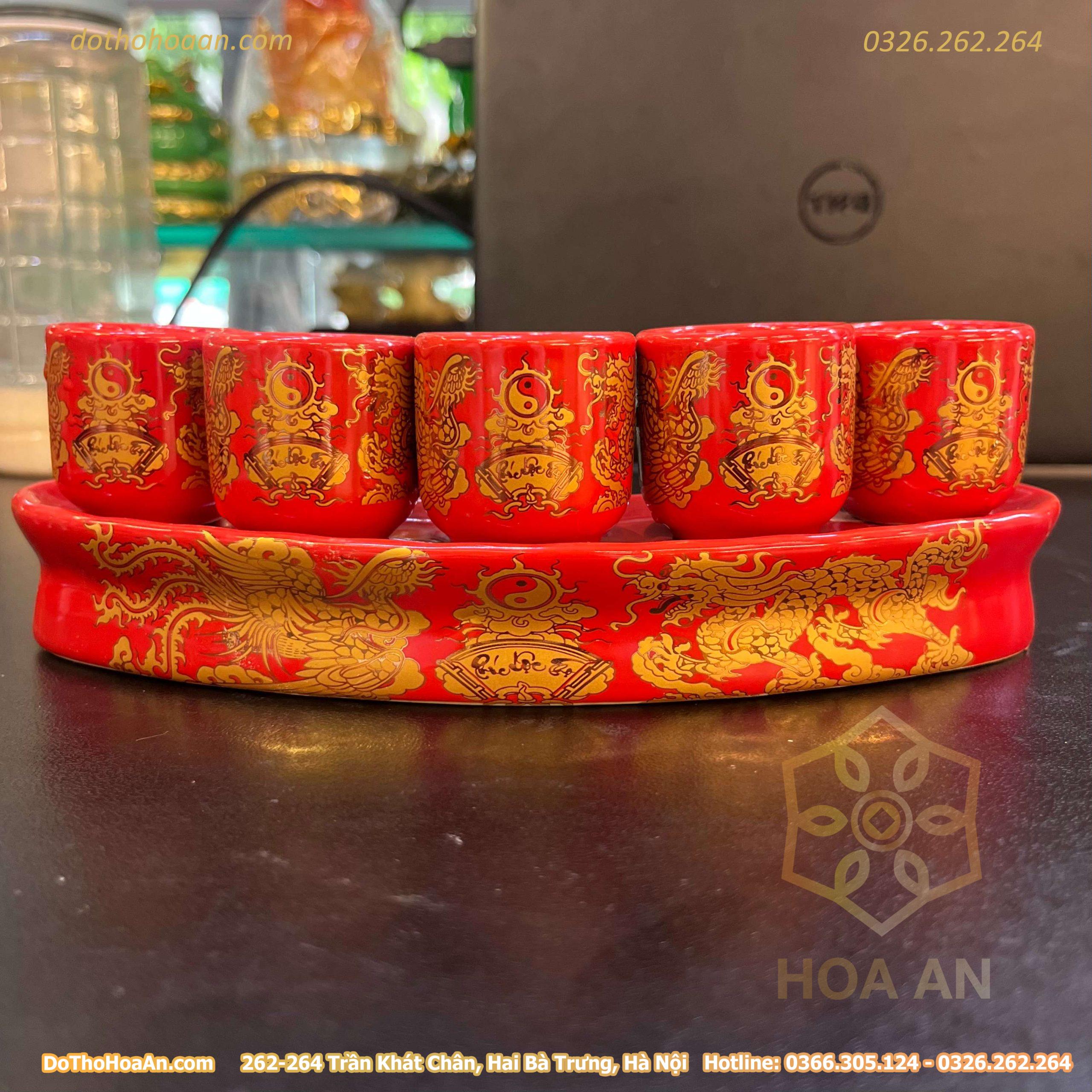 Kỷ / Khay 5 Chén Sứ Men Đỏ Bát Tràng