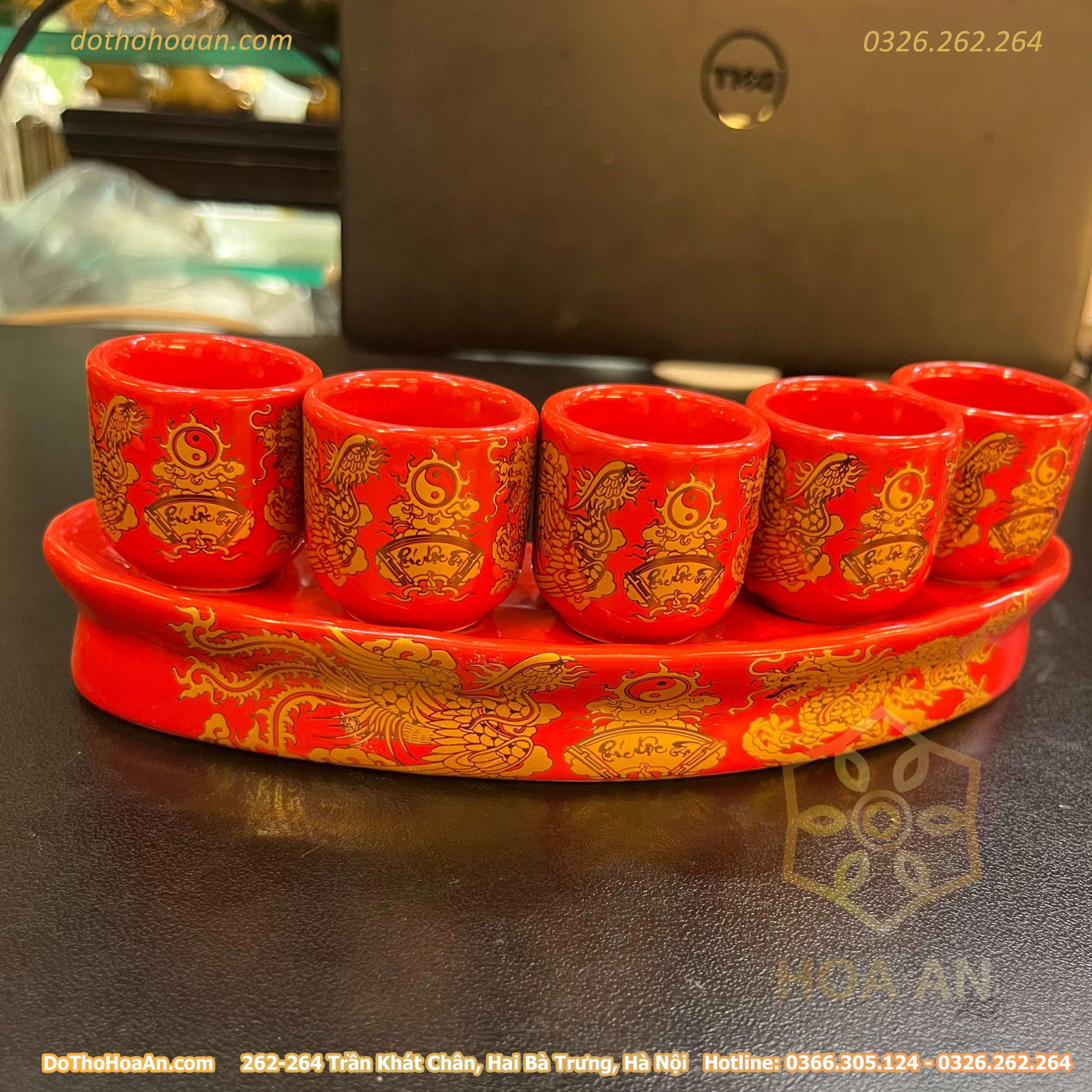 Kỷ Khay 5 Chén Sứ Men Đỏ Bát Tràng (6)