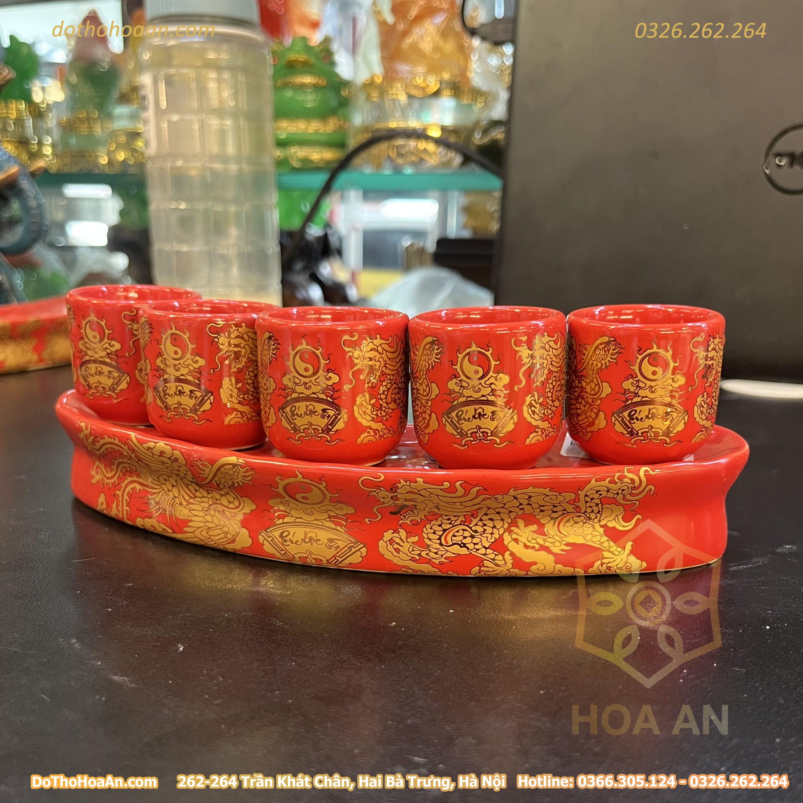 Kỷ / Khay 5 Chén Sứ Men Đỏ Bát Tràng