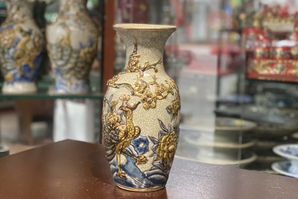 Lọ Hoa Lục Bình Công Danh Phú Quý Men Rạn Vẽ Vàng 24K