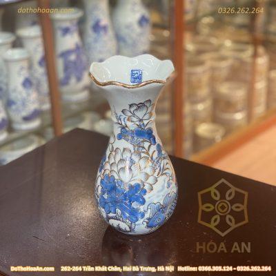 Lọ Hoa Miệng Loe Men Lam Vẽ Vàng 24K