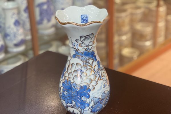Lọ Hoa Miệng Loe Men Lam Vẽ Vàng 24K