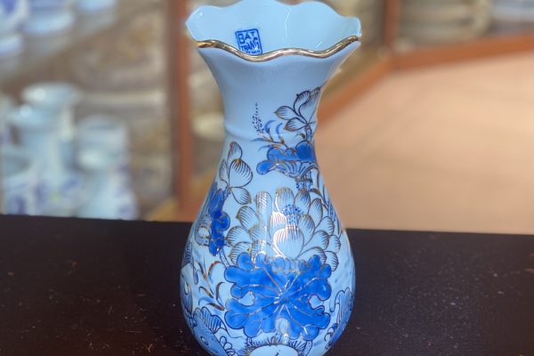 Lọ Hoa Miệng Loe Men Lam Vẽ Vàng 24K