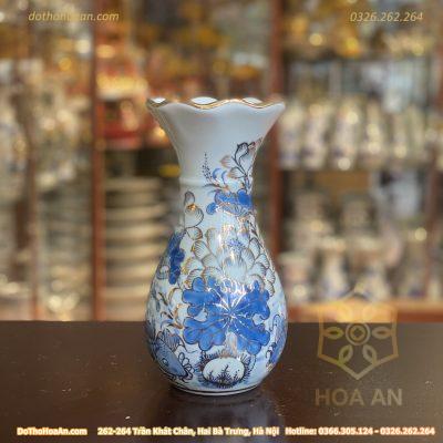 Lọ Hoa Miệng Loe Men Lam Vẽ Vàng 24K