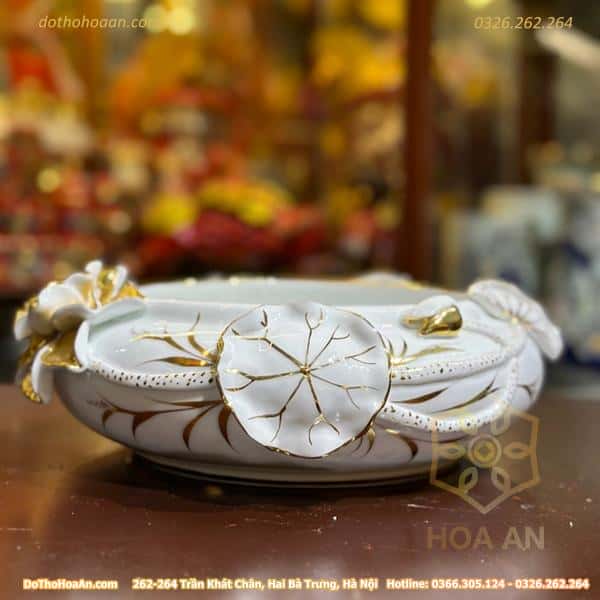 Bát Thả Hoa/ Bát Minh Đường Tụ Thuỷ Liên Hoa Men Trắng Vẽ Vàng Màu Trắng3