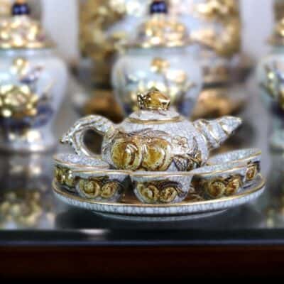 Bộ Ấm Chén Trà Thờ Men Rạn Vẽ Vàng 24K