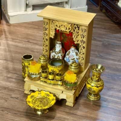 Bộ Ban Thờ Thần Tài Gỗ Thông Sứ Kim Sa Vàng2