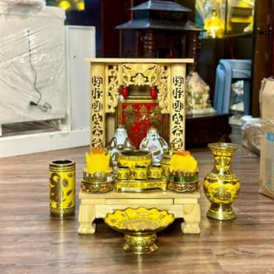 Bộ Ban Thờ Thần Tài Gỗ Thông Sứ Kim Sa Vàng4