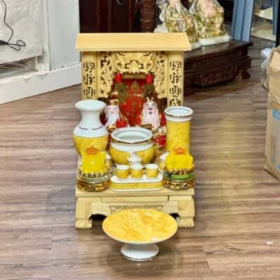 Bộ Ban Thờ Thần Tài Gỗ Xoan Mái Bằng Sứ Vân Đá Vàng