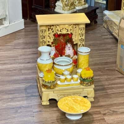 Bộ Ban Thờ Thần Tài Gỗ Thông Sứ Vân Đá Vàng1