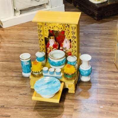 Bộ Ban Thờ Thần Tài Gỗ Thông Sứ Vân Đá Xanh