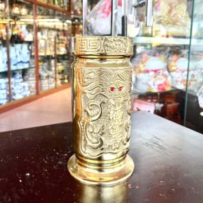Ống Đựng Hương Đồng Vàng Khắc Nổi Rồng2