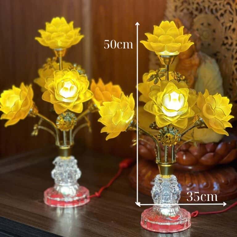 Đèn Thờ Hoa Sen 5 Bông Lưu Ly Thân Pha Lê