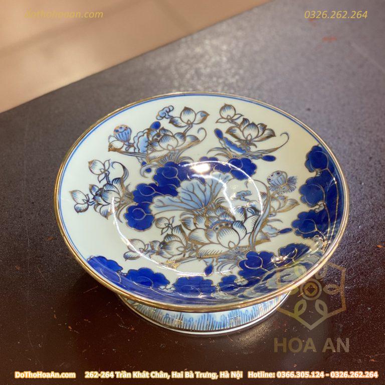 Mâm Bồng Thờ Men Lam Vẽ Vàng 24K