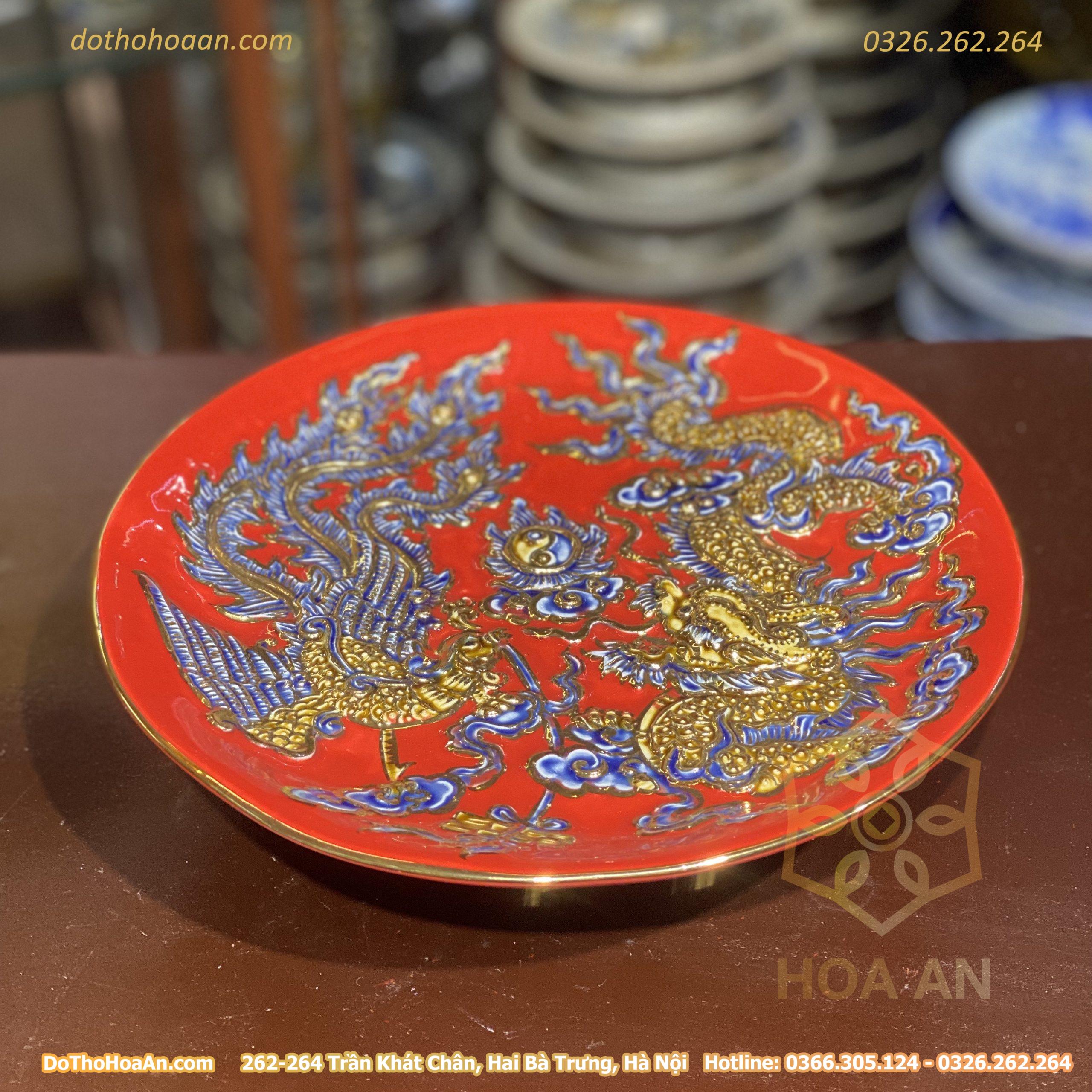 Mâm Bồng Thờ Đắp Nổi Rồng Men Đỏ Vẽ Vàng 24K (2)