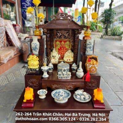 Bộ Ban Thờ Thần Tài Gỗ Xoan Đào Một Mái Chùa Màu Nâu Men Rạn Vẽ