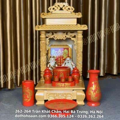 Bộ Bàn Thờ Thần Tài Gỗ Xoan 2 Mái Chùa Màu Vàng Sứ Đỏ Bát Tràng