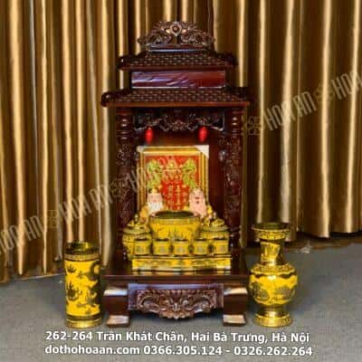 Bộ Ban Thờ Thần Tài Gỗ Xoan 2 Mái Chùa Màu Nâu Sứ Kim Sa