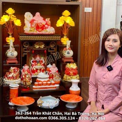 Bộ Ban Thờ Thần Tài Thổ Địa Gỗ Sồi Mái Bằng Dát Vàng Sứ Vân Đá Đỏ