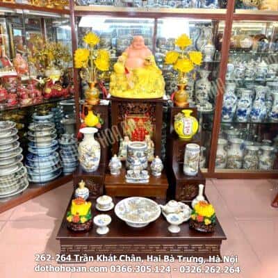 Bộ Ban Thờ Thần Tài Thổ Địa Gỗ Công Nghiệp Sứ Men Rạn Đắp Nổi