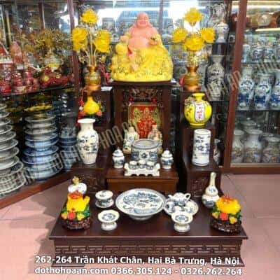 Bộ Đồ Thờ Thần Tài Gỗ Công Nghiệp Sứ Men Rạn Vẽ