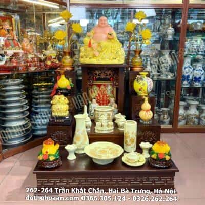 Bộ Đồ Thờ Thần Tài Gỗ Công Nghiệp Sứ Men Vàng Ngà