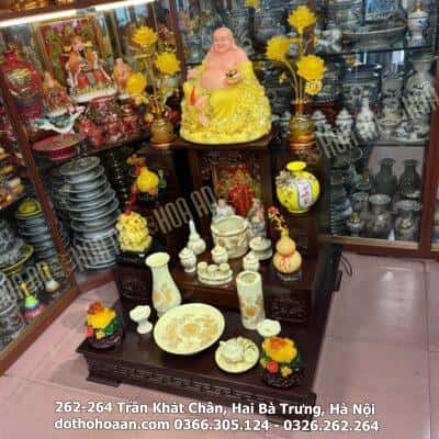 Bộ Đồ Thờ Thần Tài Gỗ Công Nghiệp Sứ Men Vàng Ngà1