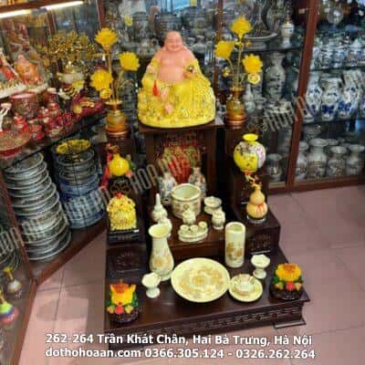Bộ Đồ Thờ Thần Tài Gỗ Công Nghiệp Sứ Men Vàng Ngà2