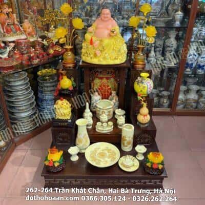 Bộ Đồ Thờ Thần Tài Gỗ Công Nghiệp Sứ Men Vàng Ngà3
