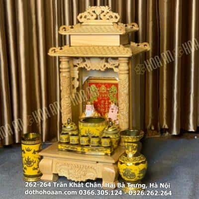 Bộ Đồ Thờ Thần Tài Mái Chùa Gỗ Pơmu Sứ Kim Sa Vàng1