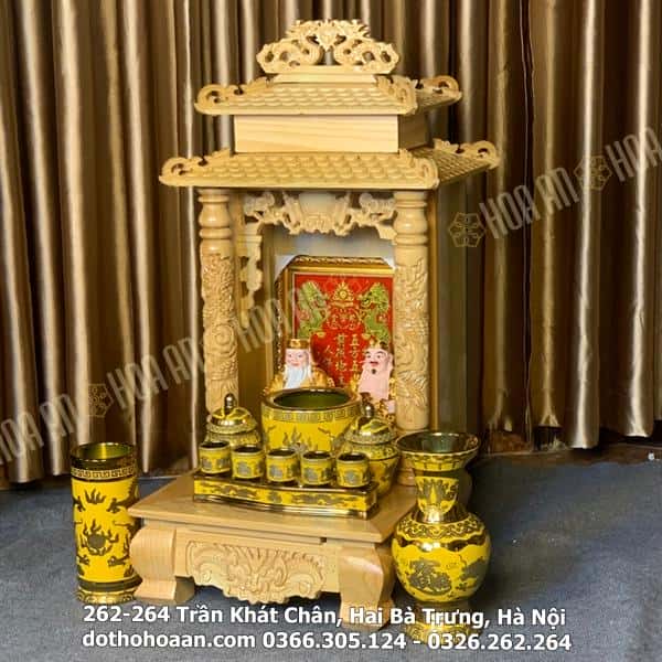 Bộ Đồ Thờ Thần Tài Mái Chùa Gỗ Pơmu Sứ Kim Sa Vàng1