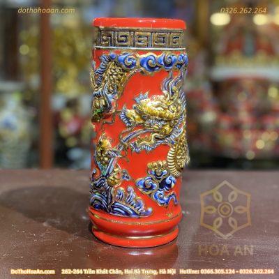 Ống Hương Men Đỏ Vẽ Vàng 24K