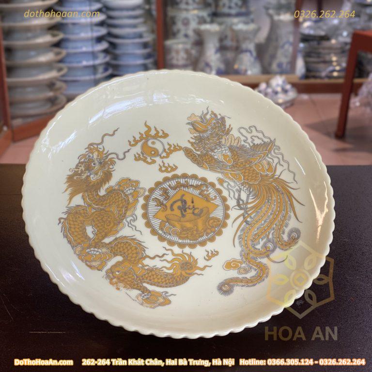 Mâm Bồng Thờ Rồng Phượng Men Vàng Ngà