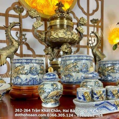 Bộ Đồ Thờ Gia Tiên Men Rạn Đắp Nổi BGTMR3