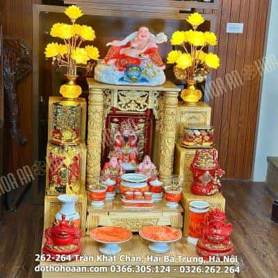 Bộ Ban Thờ Thần Tài Gỗ Xoan Mái Bằng Cột Rồng Màu Vàng Sứ Vân Đá Đỏ-BTTTDVDD1
