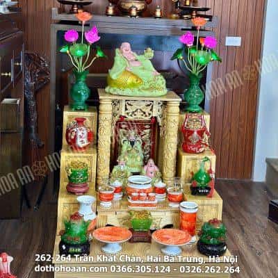 Bộ Ban Thờ Thần Tài Gỗ Xoan Mái Bằng Cột Rồng Màu Vàng Sứ Vân Đá Đỏ