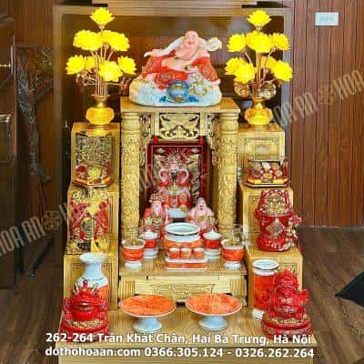 Bộ Ban Thờ Thần Tài Gỗ Xoan Mái Bằng Cột Rồng Màu Vàng Sứ Vân Đá Đỏ-BTTTDVDD1